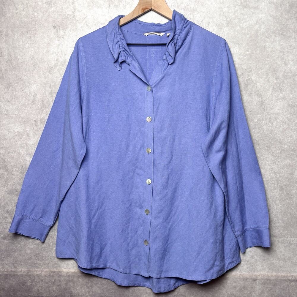 Soft Surroundings Womens Linen Button Up Tunic Blue Lagenlook Boho Size L